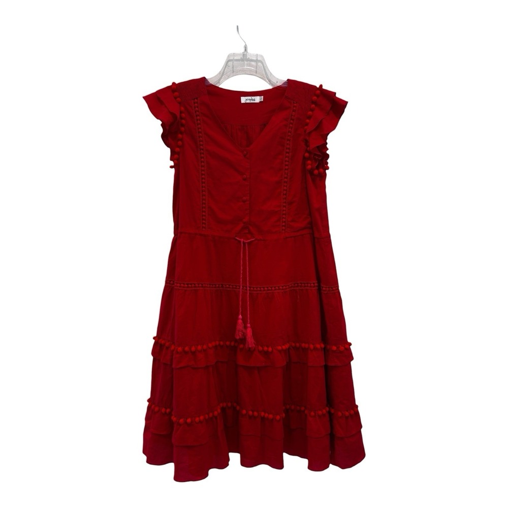 Jacylane Boutique Dress Womens L Red Cotton Tiered Pom Pom Ruffle Tassel Crochet